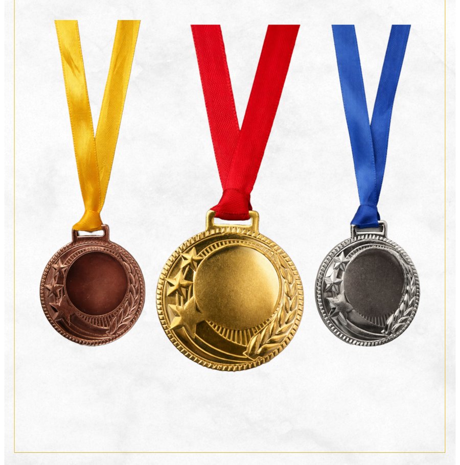 Gold, silver and bronze recognition medals with ribbons