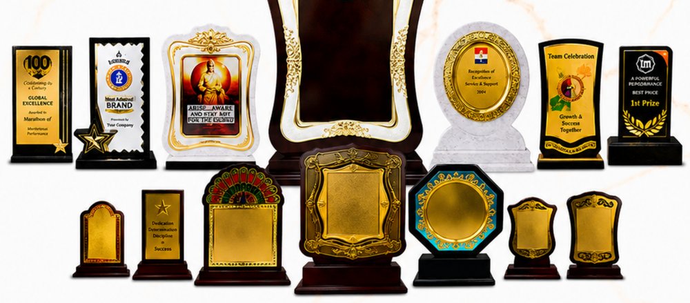 Wooden mementos and plaques with gold plating